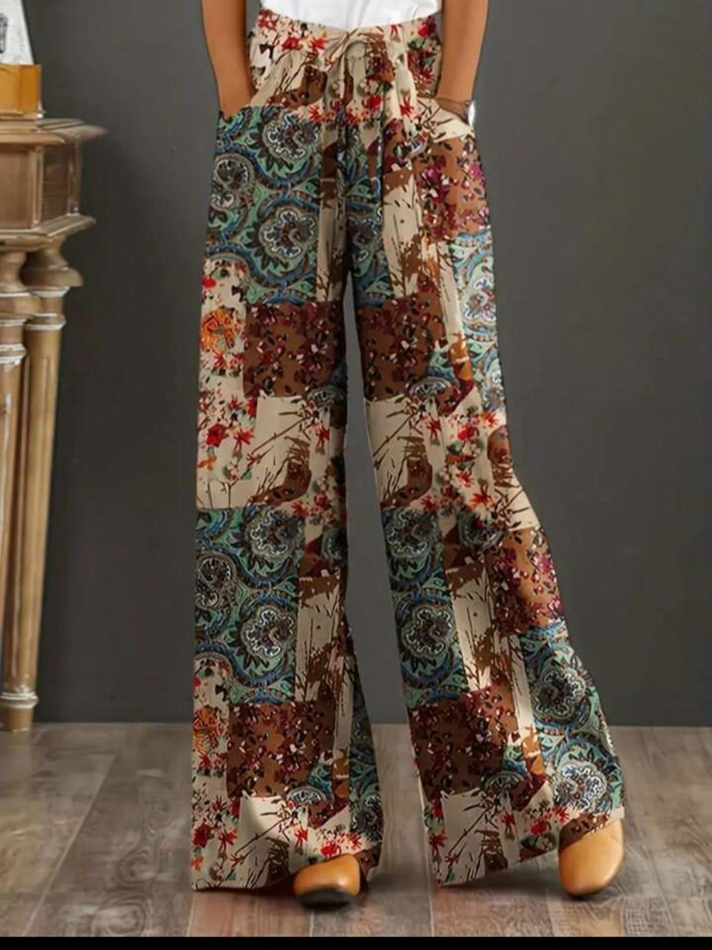 SHEIN Beige Brown Blue Patchwork Wide Leg Pants